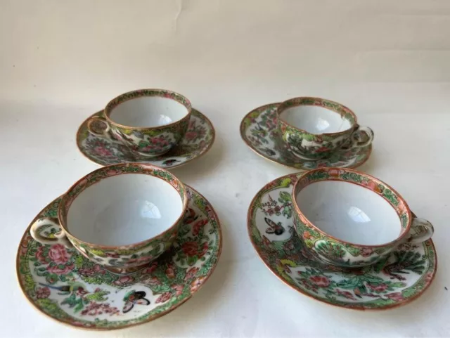 Antique Famille Rose Medallion Teacups and Saucers. Set Of 4