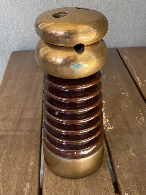 Rare Vintage Brass & Brown Porcelain High Voltage Insulator Steampunk Lab Prop 5