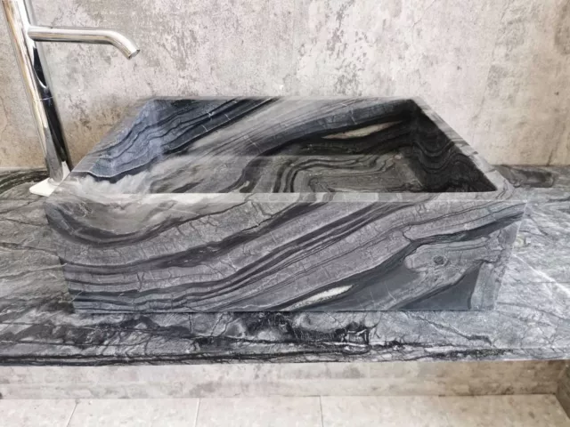 Évier à comptoir en marbre 5 Black Wooden  Matte Mesure  50 x 40 cm