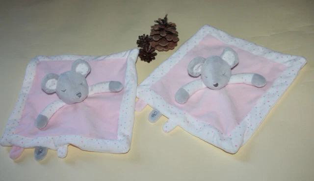 Doudou OBAIBI SOURIS PLAT ROSE GRIS BLANC POIS DORMEUR LOT 2