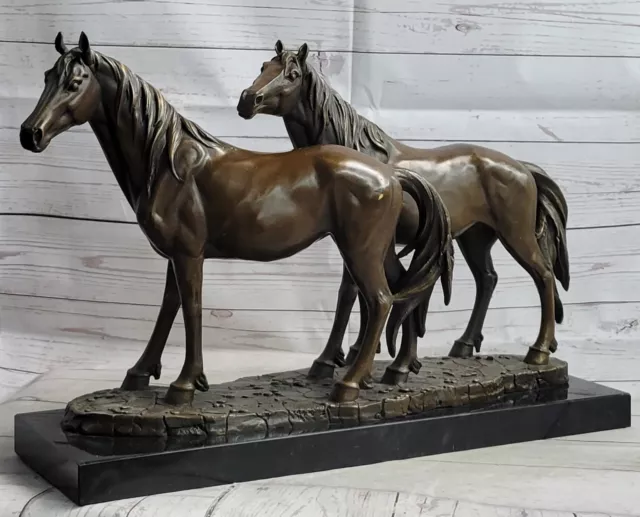 Signed P.J Mene Two Loving Horse Bronze Sculpture Marble Base Statue Artwork