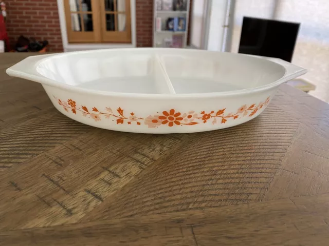 Pyrex Floral 1 1/2 Quart Divided Casserole Dish Orange Floral 1965 Promotional