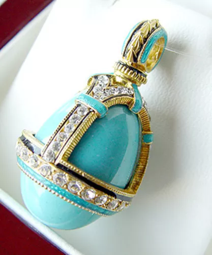 SALE ! SUPERB RUSSIAN EGG PENDANT STERLING SILVER 925 with GENUINE TURQUOISE