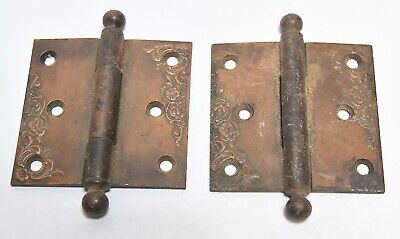 2 Matching Vintage Brass Finish Victorian Style 3 1/2 X 3 1/2 Cannon Ball Hinges