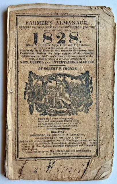 1828 FARMER'S ALMANACK # 36 BOSTON Massachusetts Robert Thomas LEAP YEAR almanac