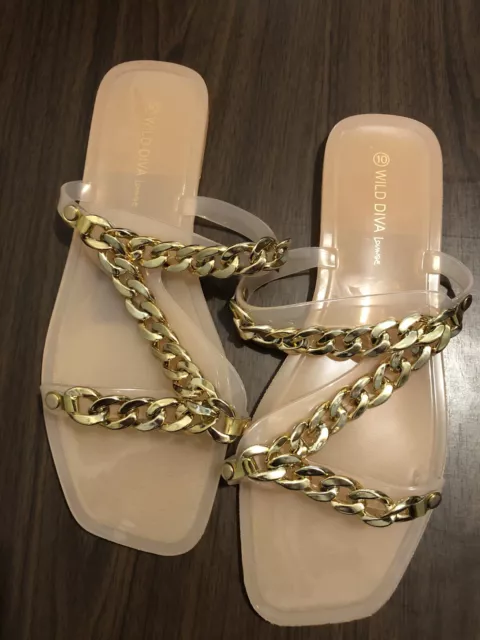 New Wild Diva Lounge Peach Plastic Jelly Flat sandals Size 10 Gold Braided 2