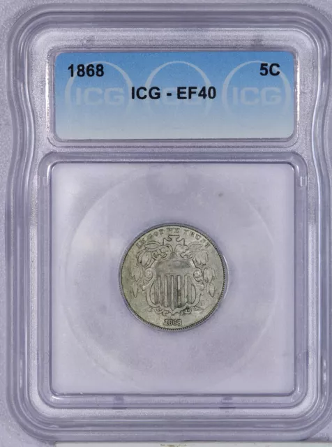 1868 Shield Nickel 5c ICG EF40 XF40