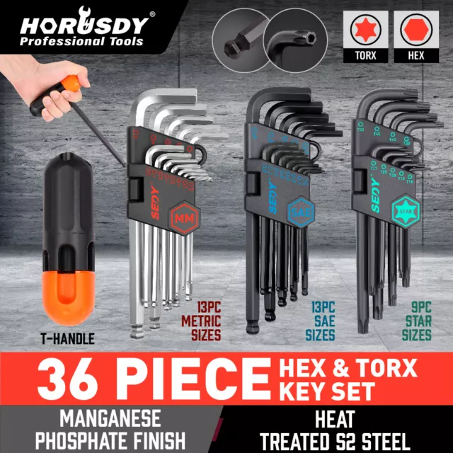 36pc Allen Key & Star Torx Hex Wrench Security Bit Set Ball End Metric SAE Long