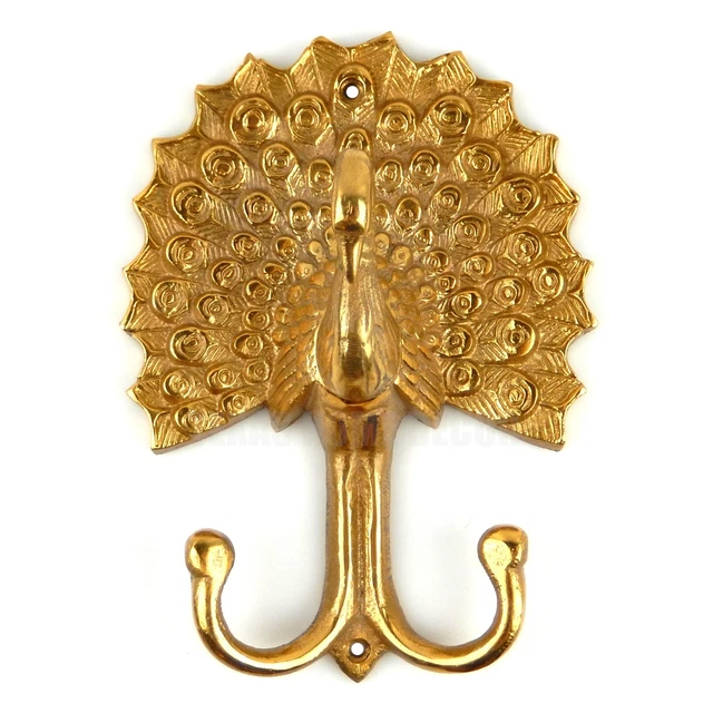 Golden Peacock Double Wall Hook Key Towel Coat Purse Hanger Brass Alloy 8 inch