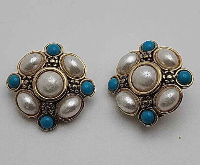 Vintage Gold Tone Faux Pearl Turquoise Clip Earrings .75"