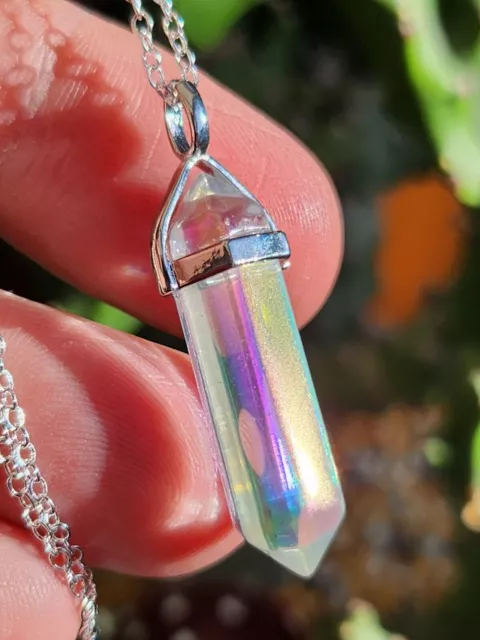 Rainbow Aura Quartz Collier Pendentif Cristal Double Point Chaîne AB Angel Aura