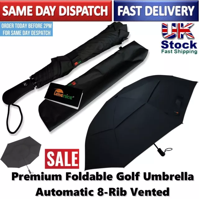 Premium Golf Umbrella Foldable Automatic 8-Rib Vented 210T Fabric in Black