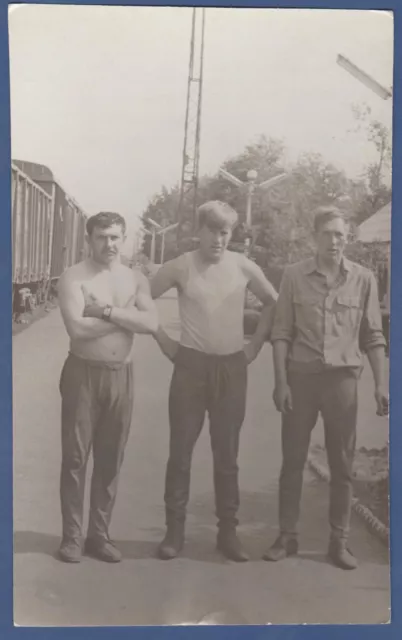 Handsome Guys near the train, naked torso, bulge Soviet Vintage Photo USSR