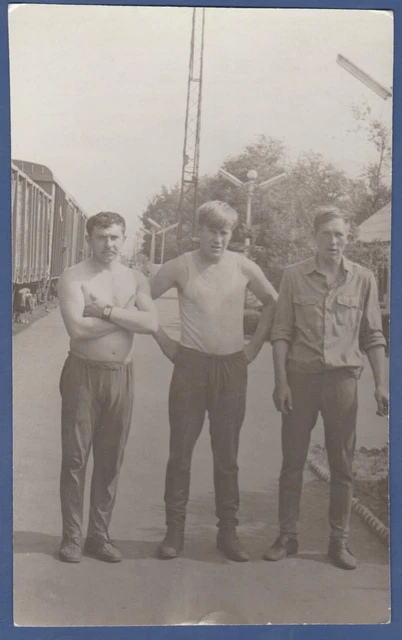 Handsome Guys near the train, naked torso, bulge Soviet Vintage Photo USSR