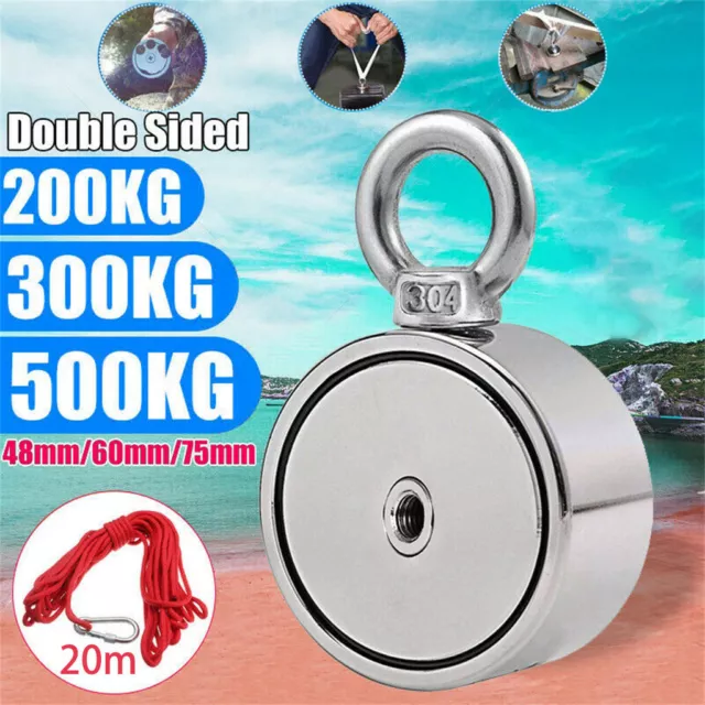 500KG Double Side Neodymium Metal Magnet Detector Sea Fishing Hunting 20M Rope