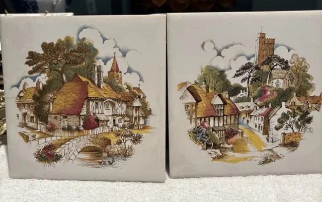 Vintage Two Scenic English Village Bridge And Town Ceramic 6"x6" Tiles Imported