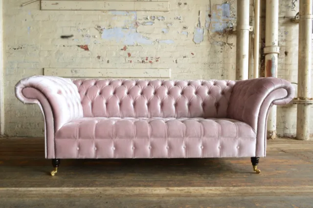 Modern Handmade 3 Seater Plush Dusty Pink Velvet Chesterfield Sofa, Fabric Sette