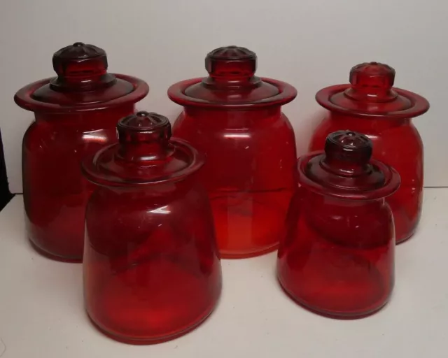 Set5 Red Glass Canisters Lidded Jars Bottles Kitchenalia  Apothecary Mid Century