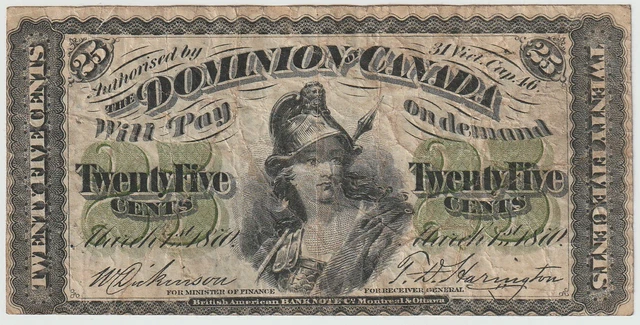 Canada  Dominion 25 Cents Banknote 1870 Nice Fine Condition Pick#8-A