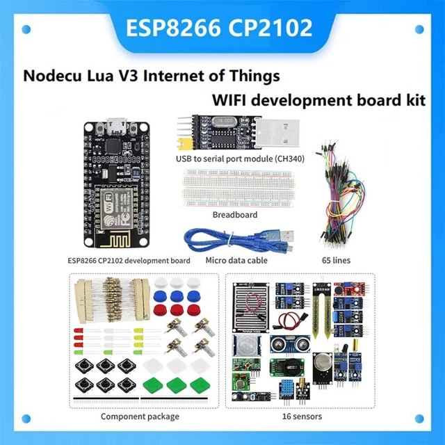 ESP-12E ESP8266 CP2102 Scheda di sviluppo + 16X sensori + pacchetto componenti + USB Q2V7