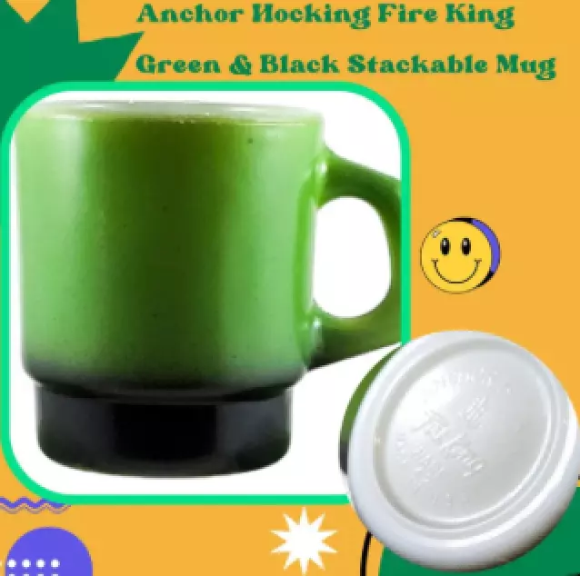 Vintage Set 7 Retro Fire King Anchor Hocking Avocado Green/Black Stacking Mugs