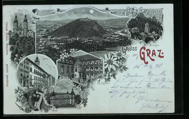 Lithographie Graz, Blick vom Rainerkogel, Landhaus, Maria Trost 1898