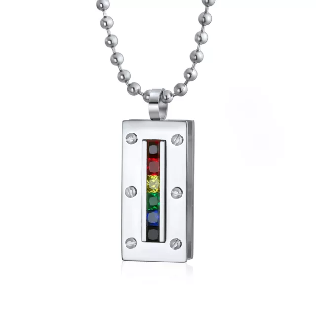 LGBTQ Gay Pride CZ Dog Tag Pendant Necklace Stainless Steel Bead Chain