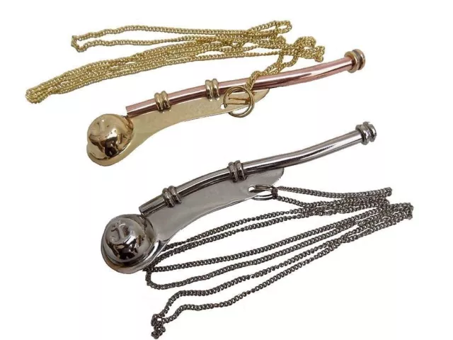 Brass Boatswain Whistle 5"w Chain Bosun Call Pipe SET OF 2