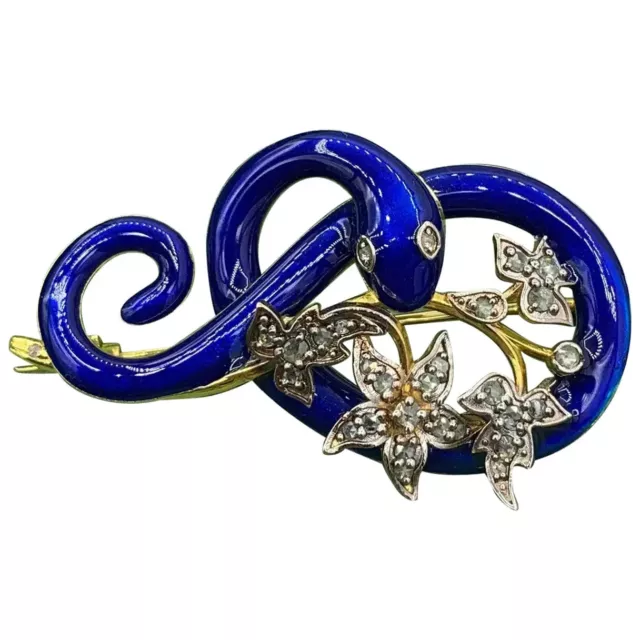 Vintage style Snake Flowers Brooch Rose Cut Diamond Royal Blue Enamel brooch