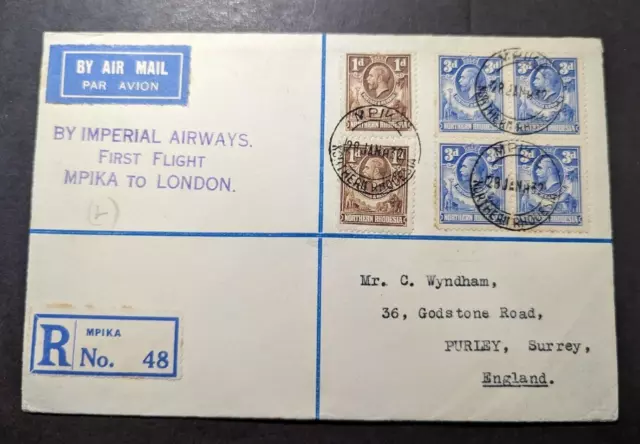 1932 Registered Northern Rhodesia Airmail Cover Mpika to Purley Surrey England