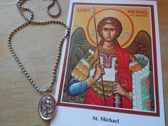 Archangel St Michael +Guardian Angel Medal Stainless Steel necklace +prayer card