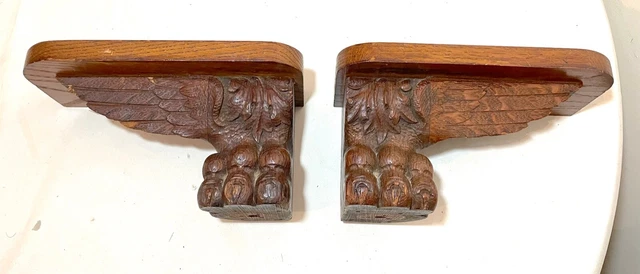 pair two antique hand carved wood architectural salvage claw foot wall shelf