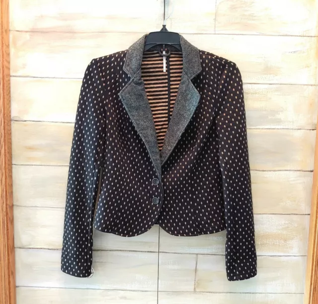 Free People women fitted black tan combo diamond tweed blazer classic jacket XS