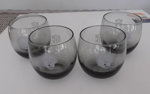 Set of Four Vintage New Orleans Saints Smoke Gray Roly Poly Bar Whiskey Glasses