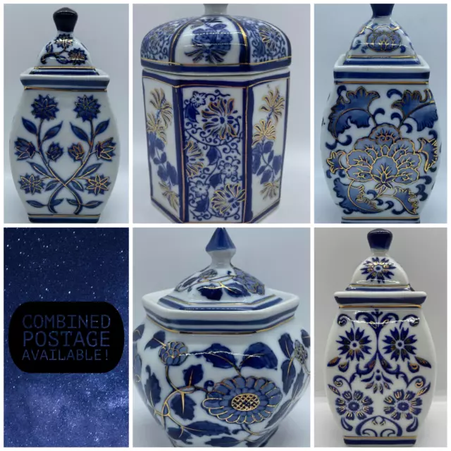 Chinese Oriental Blue White Gold Floral Ceramic Ginger Jar Pot Urn Ornament