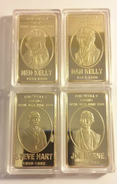 "NED KELLY & GANG" Set Of 4 x 1oz Ingots Finished in 999 24k Gold. Outlaw, Guns