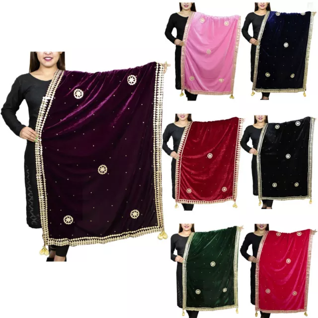 Velvet Dupatta Golden Embroidery With Gota Patti Work Chunni Scarfs Stole Hijab