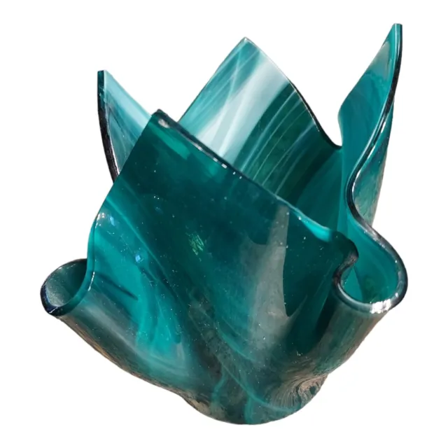 Hand Blown Art Glass Handkerchief Votive Turquoise Candleholder 5.25" Vase
