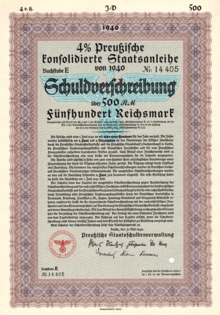 Schuldverschreibung Berlin 1940 - Preußische konsoldierte Staatsanleihe - 500 RM