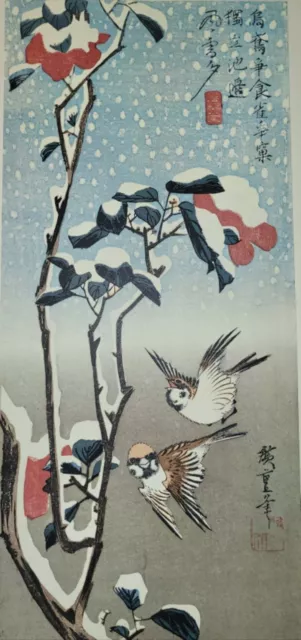 Camellia and Sparrows in Snow. [Folding Cardboard with Art Print of Japanese Woo