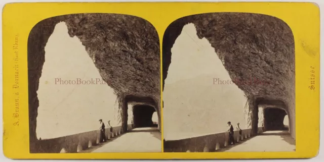 Schweiz Tunnel die Axenstrasse c1865 Foto Stereo Adolphe Braun Vintage Albumin