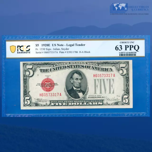 Fr.1530 1928E $5 Five Dollar Legal Tender Note Wide H/A Block, PCGS 63PPQ #73317