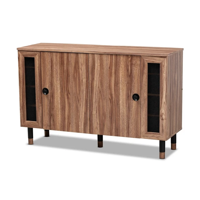 Contemporary 2-Door Shoe Storage Cabinet with Screen Inserts Oak No Drawers