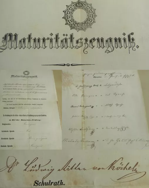 Abitur-Zeugnis Gymnasium KREMSMÜNSTER 1852, Signaturen, u.a. Ludwig von KÖCHEL!