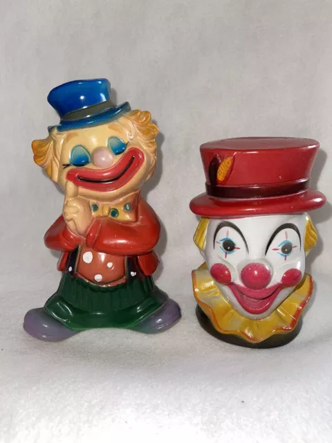 Vintage Made In Hong Kong Hard Plastic Blow Mold Clown Banks Lot Of 2