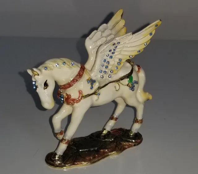 Beautiful Enamel Pegasus Horse Figurine Hinged Trinket Box Necklace Ring Gift