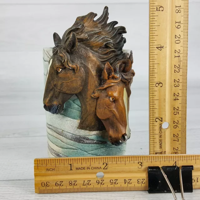 Wild Horses Brown Mustangs 3D Sculpted Heads on Pencil Pen Cup Blue Desk Decor