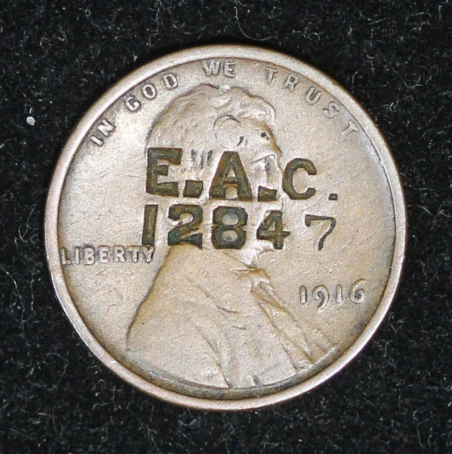 1916 Lincoln Cent - Counter-Stamped -'E.A.C. 12847'                 TQRAW2236/JS