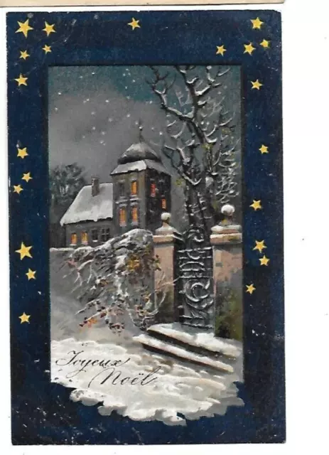 CPA carte postale ancienne gaufrée Joyeux Noël village neige éoiles