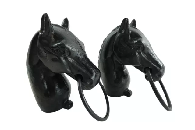 Pair of 2 Vintage Cast Iron Metal Horse Heads Hitching Post Fence Topper w/ Ring